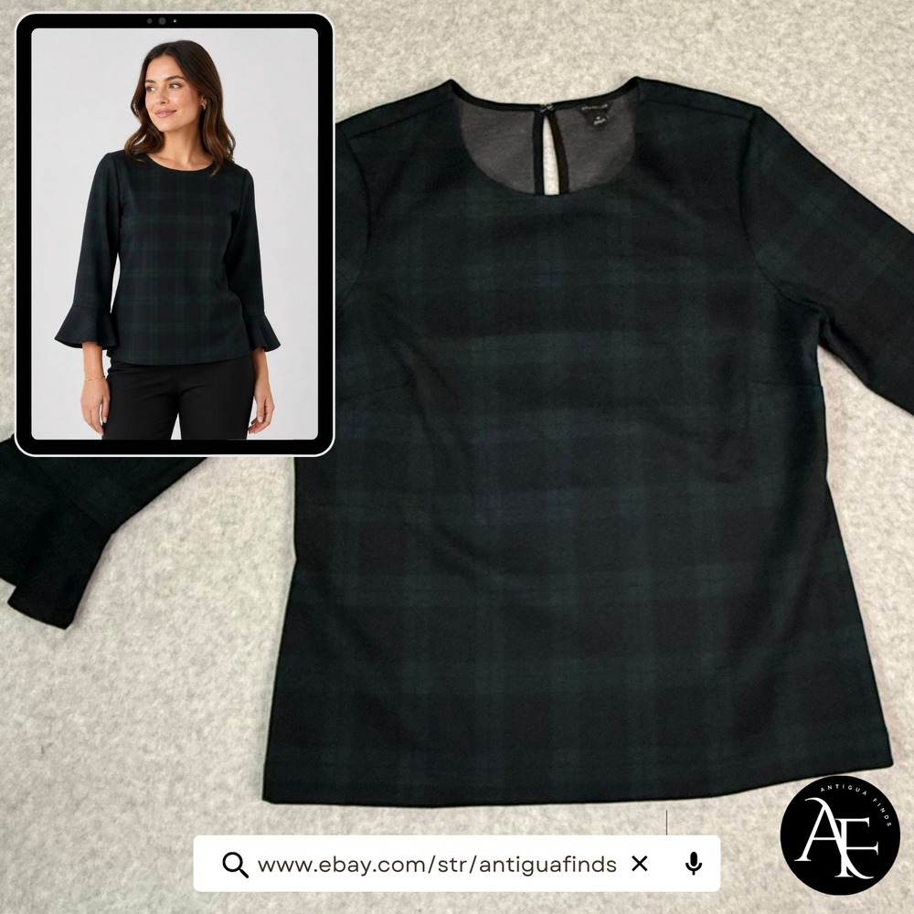 Ann Taylor Blackwatch Plaid Blouse Green Navy Bell Sleeve Keyhole Back Top M